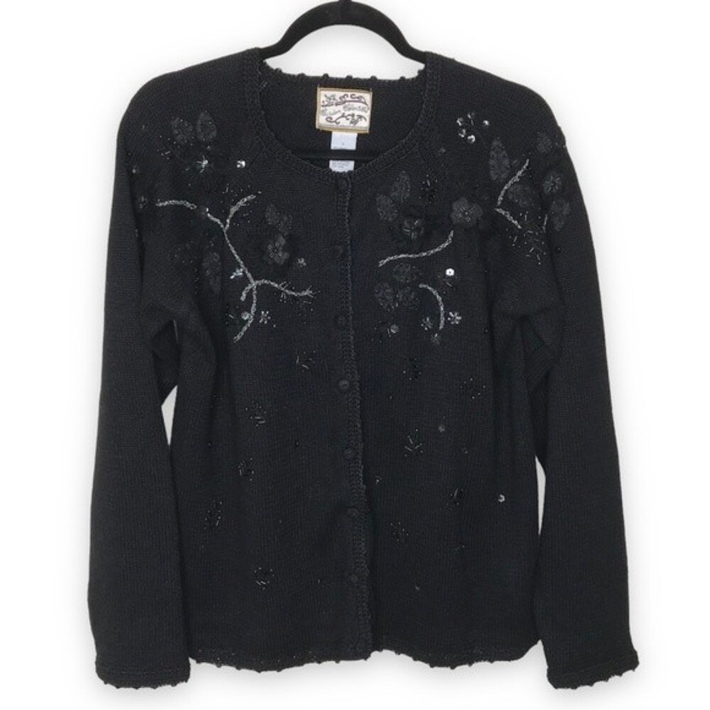 VTG Heirloom Collectibles 2003 Black Embellished Embroider Beaded Cardigan Large